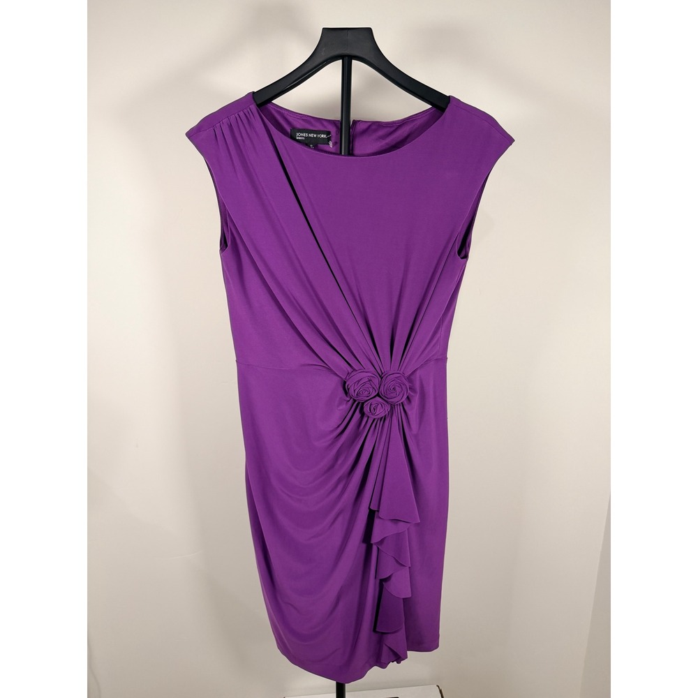 Jones New York Purple Rosette Ruched Sheath Dress Womens 10 Sleeveless Cocktail